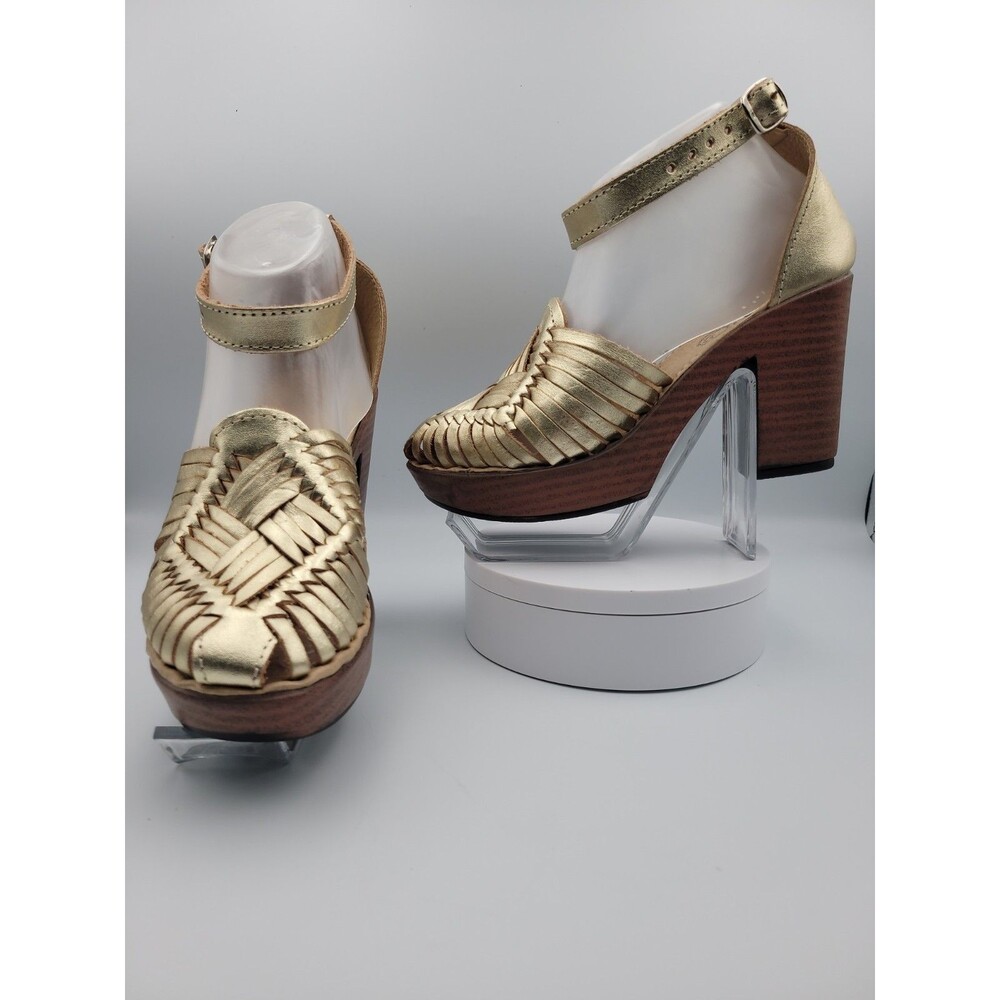 New-Women's Gold Platform High Heel Ankle Strap Sandals- Leather Size US 8